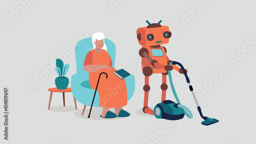Adobe Illustrator ArtworkVektor-Illustration einer pflegebedürftigen älteren Person, die entspannt in einem Sessel sitzt, während ein Roboter das Haus putzt - Konzept der künstlichen Intelligenz