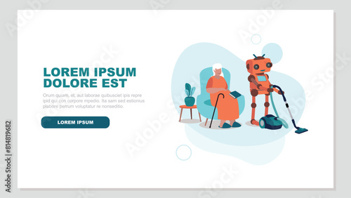 Adobe Illustrator ArtworkVektor-Illustration einer pflegebedürftigen älteren Person, die entspannt in einem Sessel sitzt, während ein Roboter das Haus putzt - Konzept der künstlichen Intelligenz