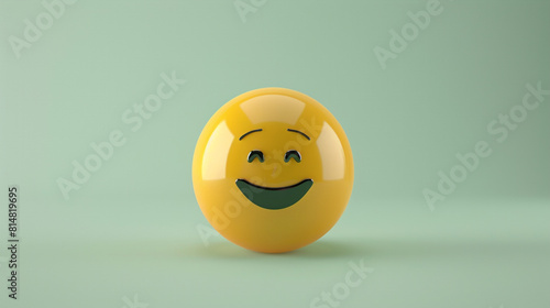 A minimalist 3D  of a single yellow gleeful emoji on a solid light green background. © Anita