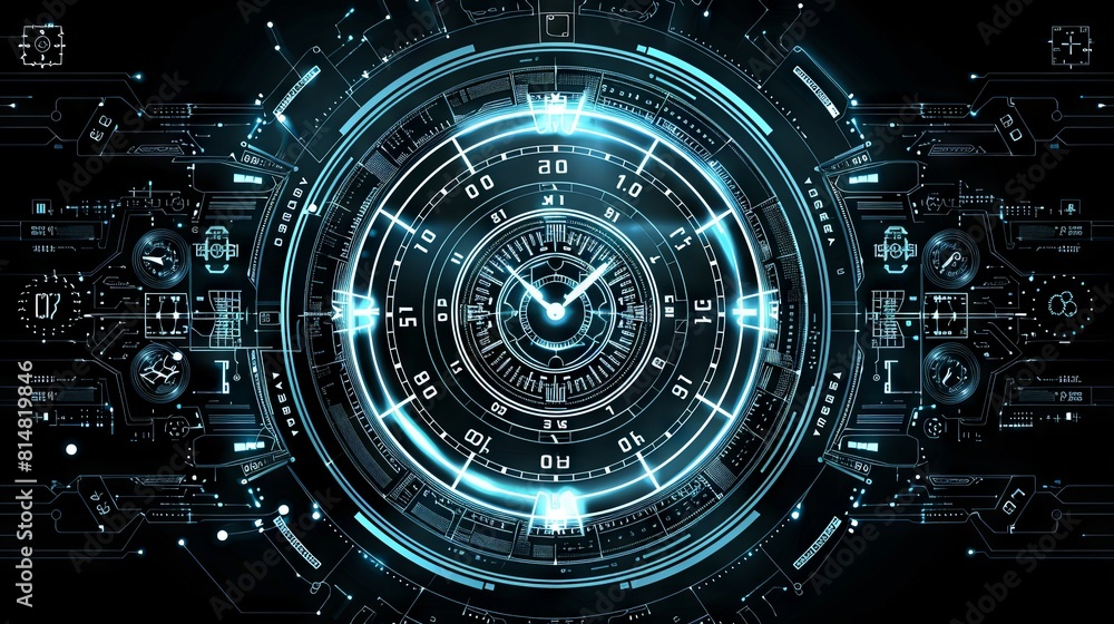 a technology circle made up of digital and analog clock faces, top view,Glowing Outlines and lines,blending old and new tech philosophies a technology circle made up of digital and analog clock faces, top view,Glowing Outlines and lines,blending old and new tech philosophies