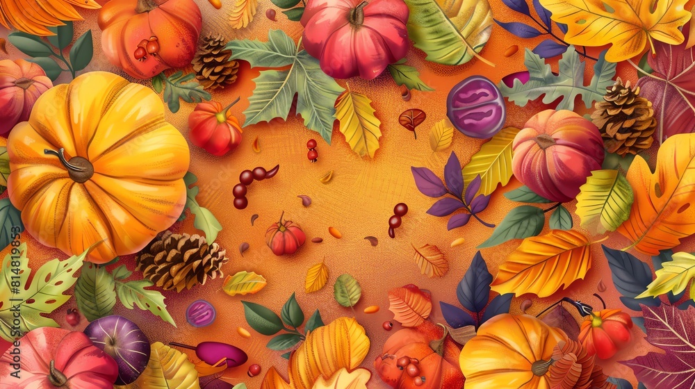 Autumn harvest flat design top view, bountiful theme, water color, Tetradic color scheme Autumn harvest flat design top view, bountiful theme, water color, Tetradic color scheme