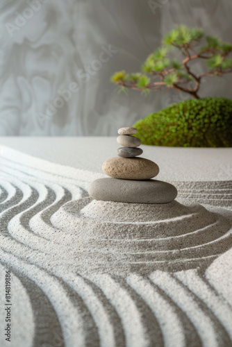 A tranquil Zen garden meticulously arranged with raked sand  serene meditation stones  and minimalist greenery  offering a peaceful sanctuary for reflection  mindfulness  and inner harmony.
