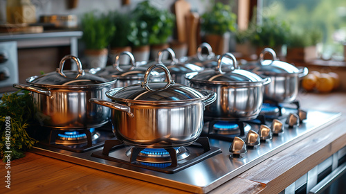 Stainless-steel pots preparing large meals on the top of the kitchen stoves © K.A