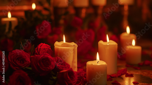 There are several red candles of different sizes  and red roses with green leaves  set against a dimly lit green background.  