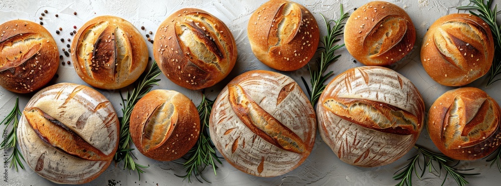 Artisan bread assortment with sesame, rosemary, and salt decoration