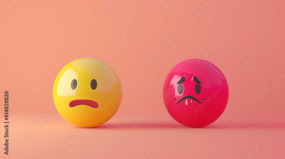 A minimalist 3D of a yellow relieved emoji next to a magenta jealous emoji, both on a solid peach background, exploring relief and envy. A minimalist 3D of a yellow relieved emoji next to a magenta jealous emoji, both on a solid peach background, exploring relief and envy.