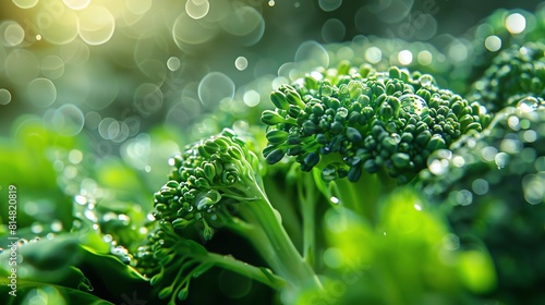 Organic broccoli crown, close up, focus on dew drops, lush green freshness, double accessibility silhouette with a morning garden scene photo