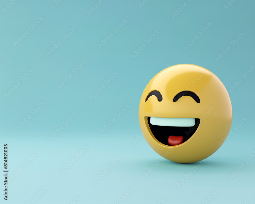 Fototapeta premium A minimalist 3D of a single yellow laughing emoji on a solid light blue background.