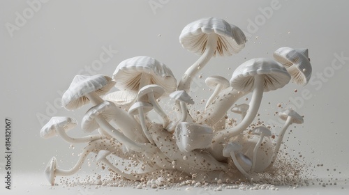 White mushrooms growing out of a pile of white powder photo