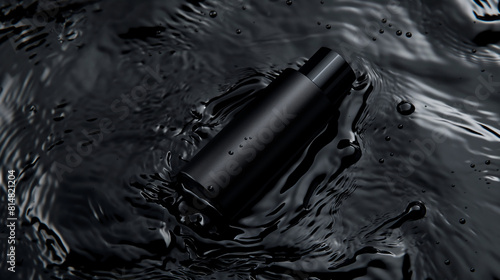 Close up de uma embalagem preta sobre um liquido escuro photo