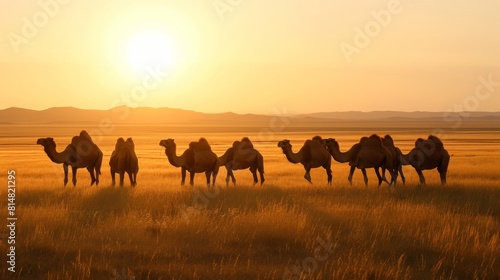 Camels as they traverse the steppe  their long necks bowed as they graze on sparse vegetation