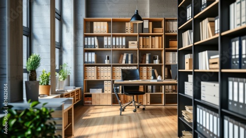 Single shelf filled with neatly arranged storage folders