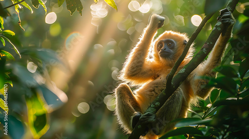 A primate hangs from a tree in a sunlit forest photo