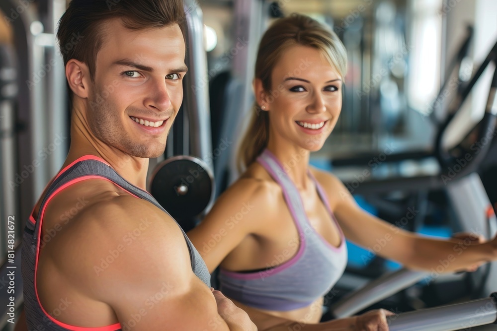 Fitness couple working out in gym, white background, active lifestyle concept for stock photo sale Fitness couple working out in gym, white background, active lifestyle concept for stock photo sale