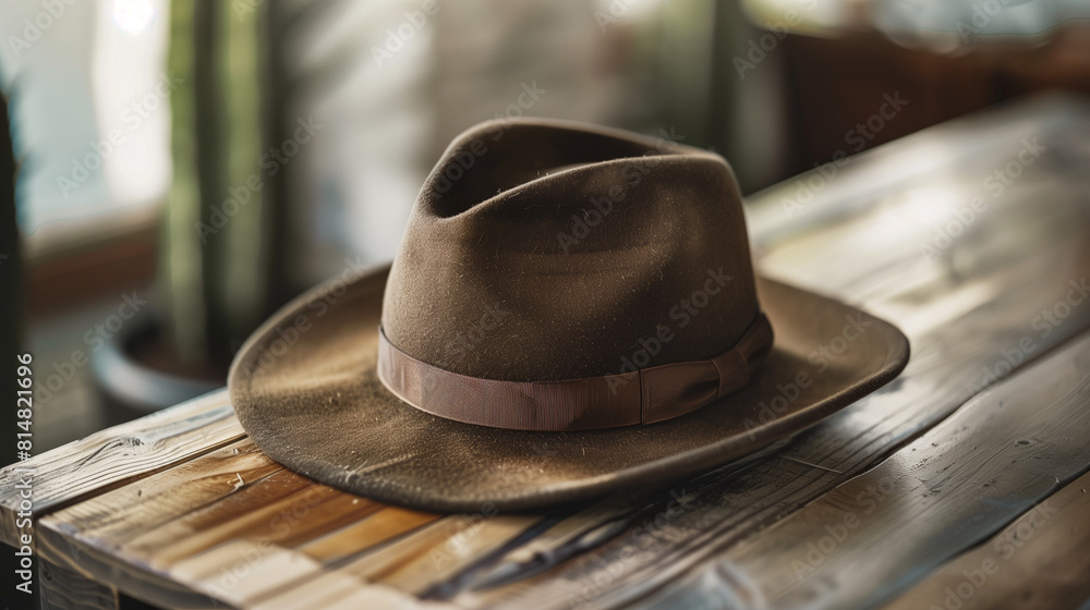Stylish Fedora Hat on Rustic Wooden Table Stylish Fedora Hat on Rustic Wooden Table