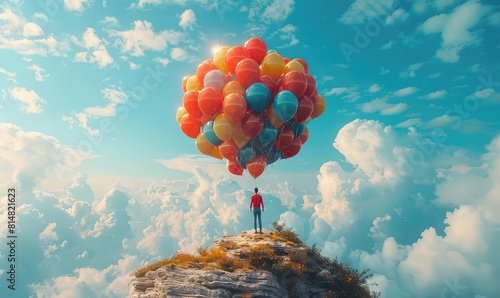 3D balloons lifting a person to a floating island of success  whimsical pastels  wide angle