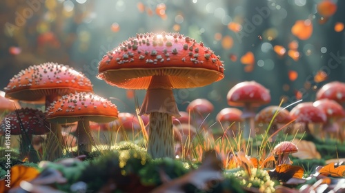 A field of red and white mushrooms in a forest with a soft focus on the background