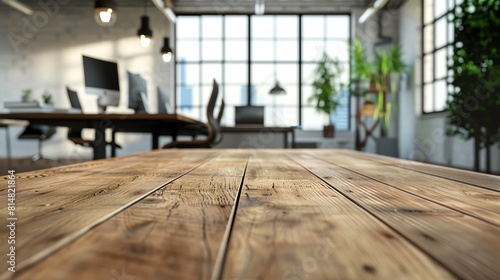 3D rendered closeup of a wooden table surface with the hustle of an office space blurred in the background, symbolizing a workplace