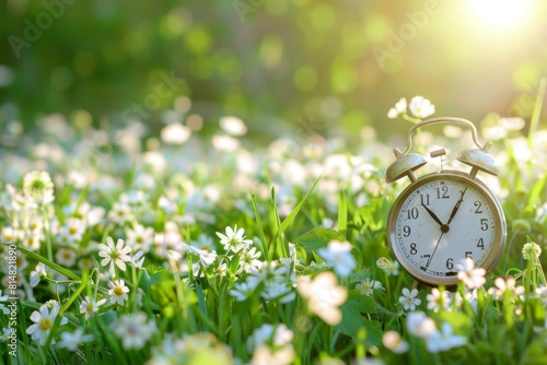 Spring forward. daylight saving time alarm clock on nature background with flowers