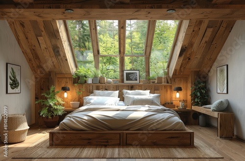 Cozy attic bedroom with wooden interiors and lush forest view © Georgii