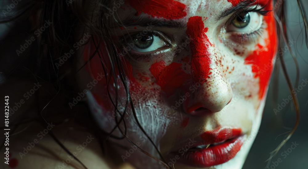 A beautiful model with grey and red paint dripping down her face, the background is white
