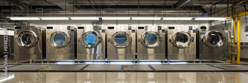 Professional laundry with large washing machines arranged in a row