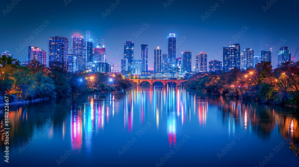 Fototapeta premium Night cityscape with colorful lights reflecting on river