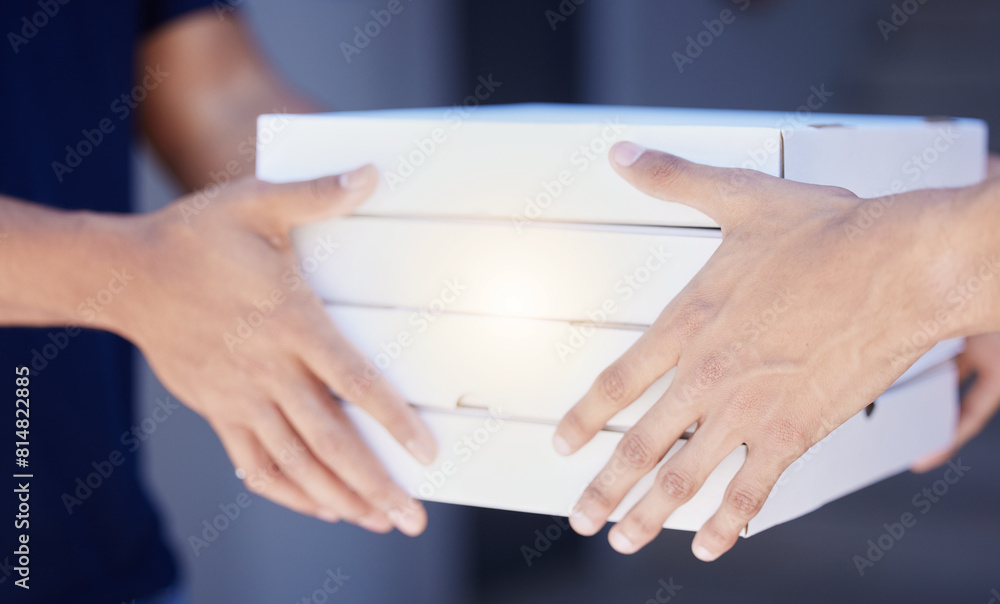 Closeup, hands and pizza for delivery with boxes, courier working with food for customer. Zoom, package and service for lunch with shipping and container, takeaway or fast food at front door