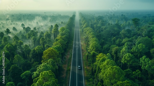 Aerial view asphalt road and green forest, Road going through forest with car adventure view from above, green tourism.