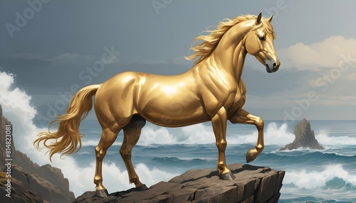Illustrate a golden horse standing proudly atop a upscaled_5