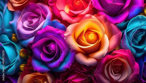 Vibrant bouquet of colorful roses in blue  purple  pink  red  orange  and yellow  symbolizing romance  beauty  and celebration.