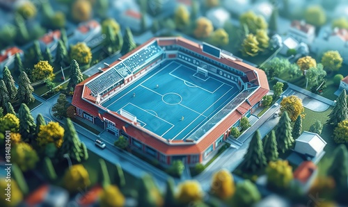 3D isometric sports arena, detailed exterior, event day atmosphere