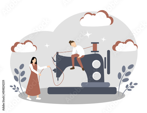 Women work on a sewing machine. Fashion designer, dressmaker, hobby, home needlework, sewing workshop.