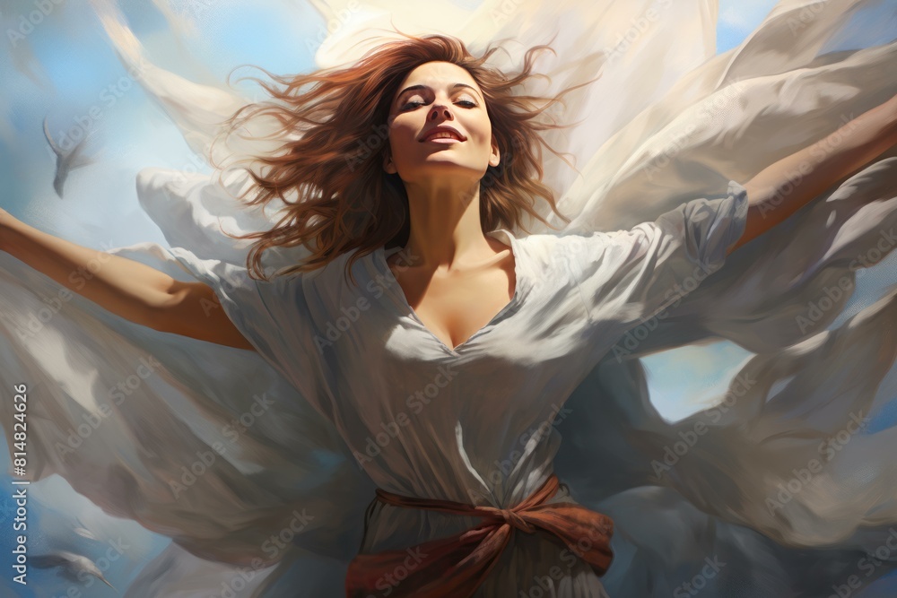 Artistic rendering of a woman with wings spread wide against a sky backdrop, symbolizing freedom