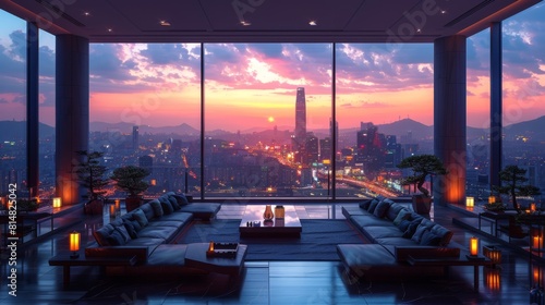 Depict a contemporary urban oasis with floor-to-ceiling windows framing panoramic views of Seouls futuristic skyline, showcasing towering skyscrapers and bustling