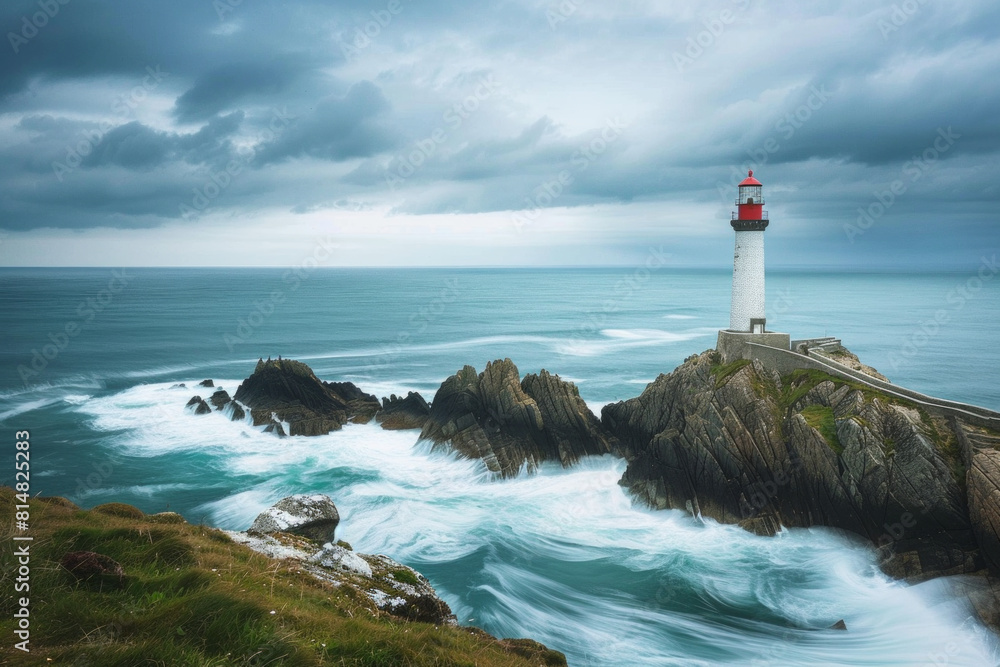 A picturesque coastal lighthouse perched atop a rugged rocky cliff, overlooking the vast expanse of the ocean, with waves crashing against the shore.