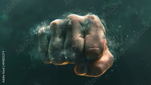 Mans powerful fist emerges from the water  radiating energy