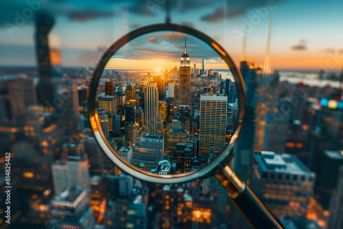Sunset city view through magnifying glass