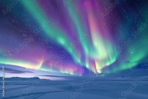 A mesmerizing display of the aurora borealis  with vibrant ribbons of green  purple  and blue light dancing across a starry sky above a pristine snowy landscape