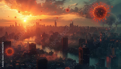 3D render of a crowded city with floating coronavirus particles  dusk lighting  birdseye view
