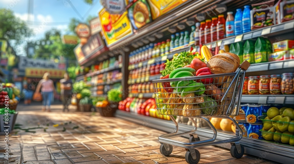 A vibrant visualization portraying a colorful array of groceries neatly arranged in a shopping cart, from bread and cereal to