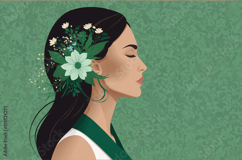 woman with flowers on green background, confident and powerful leader, copy space for text