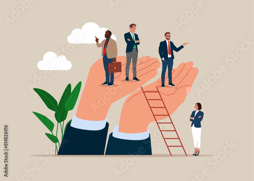 Businessmen climb up ladder up with no space left for woman. Gender gap, male domination in company executive board, inequality in management position. Flat vector illustration