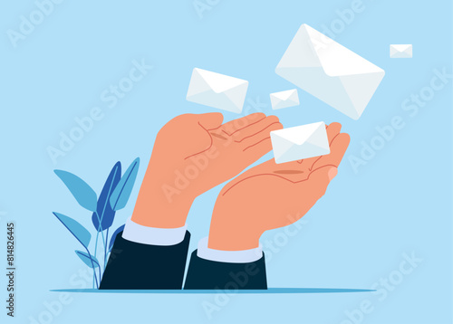 Send flying email newsletter online. Email marketing campaign, subscription newsletter or online announcement to customer, digital advertising. Flat vector illustration
