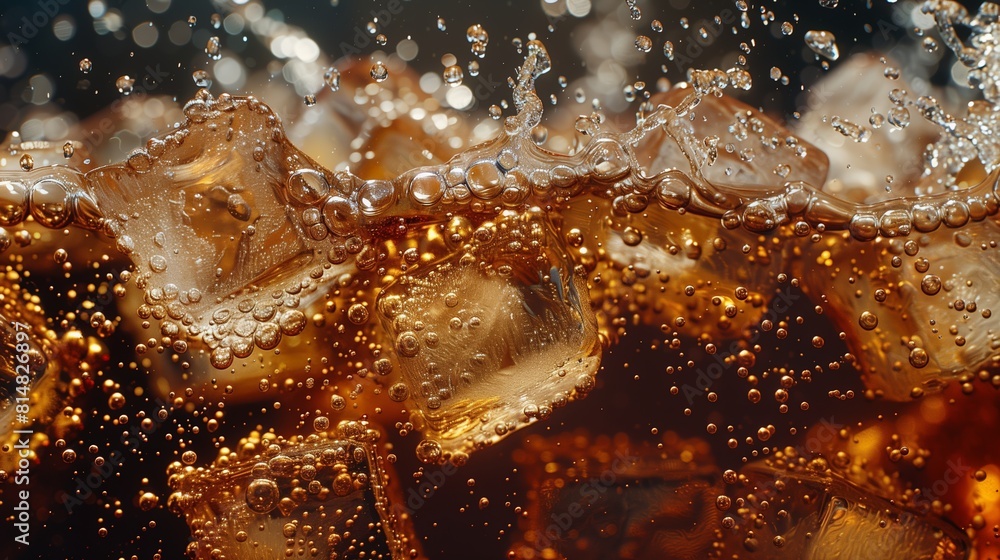 Cola with Ice. Close up of the ice cubes in cola water. Cola soda and ice splashing fizzing or floating up to top of surface. Cold drink background concept. Cola with Ice. Close up of the ice cubes in cola water. Cola soda and ice splashing fizzing or floating up to top of surface. Cold drink background concept.
