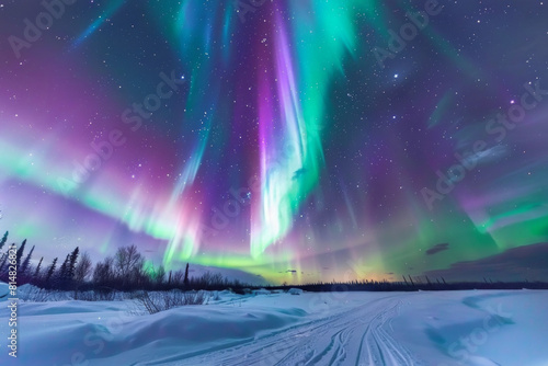 Wallpaper Mural A mesmerizing display of the aurora borealis, with vibrant ribbons of green, purple, and blue light dancing across a starry sky above a pristine snowy landscape Torontodigital.ca