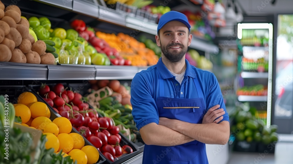 Food Delivery man in blue uniform give fruit and vegetable shopping supermarket.