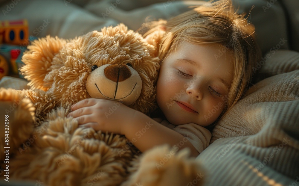 Adorable little girl peacefully sleeping with teddy bear and stuffed animal on cozy bed Adorable little girl peacefully sleeping with teddy bear and stuffed animal on cozy bed