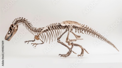 image of a dinosaur skeleton showcased against a pristine white background. The intricate details of the fossilized bones are brought to life 