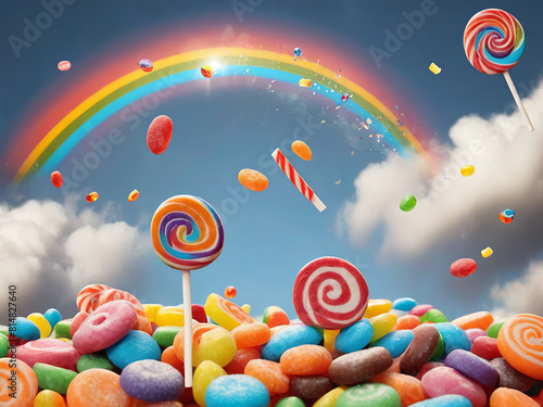 candies falling on the sky with rainbow